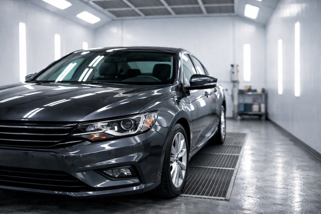 sedán gris metálico en taller de detalle